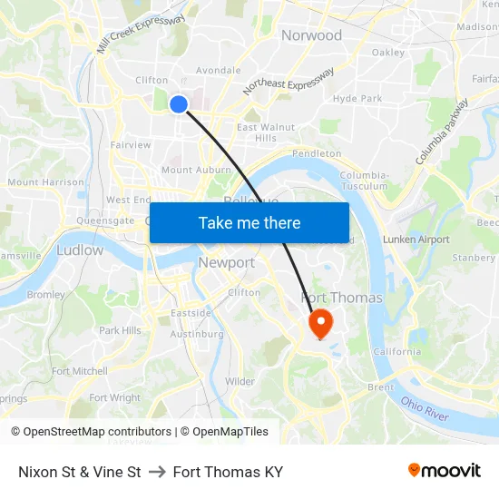 Nixon St & Vine St to Fort Thomas KY map