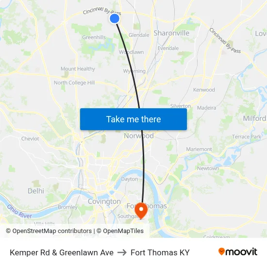 Kemper Rd & Greenlawn Ave to Fort Thomas KY map