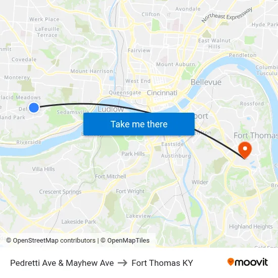 Pedretti Ave & Mayhew Ave to Fort Thomas KY map