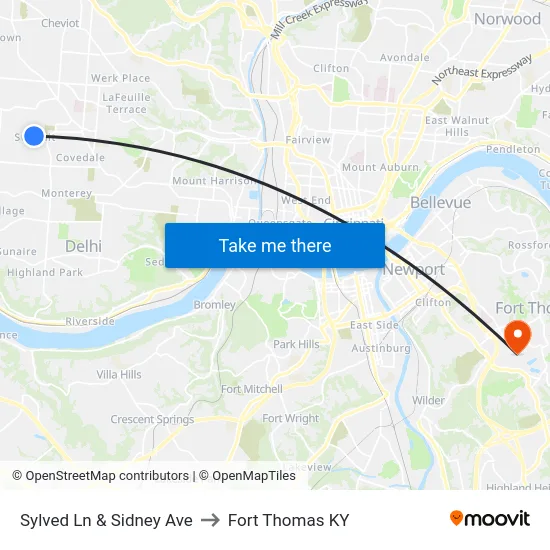 Sylved Ln & Sidney Ave to Fort Thomas KY map