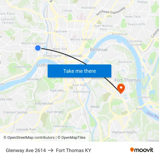 Glenway Ave 2614 to Fort Thomas KY map