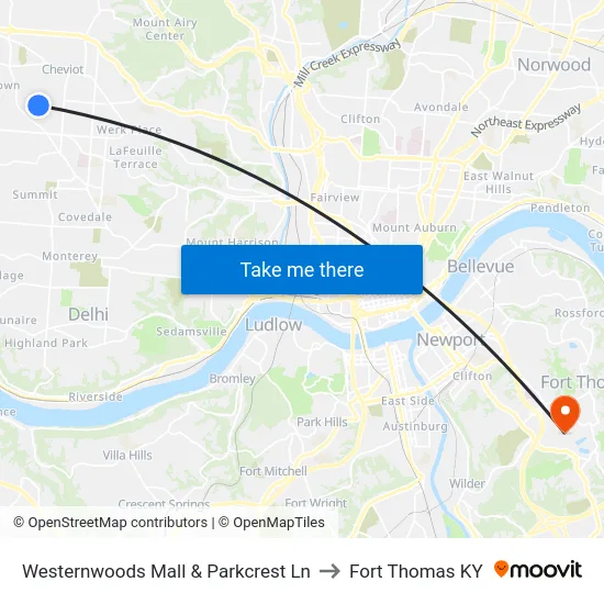 Westernwoods Mall & Parkcrest Ln to Fort Thomas KY map