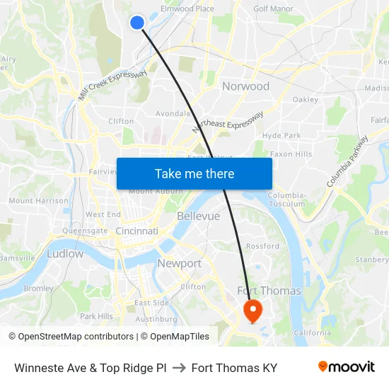 Winneste Ave & Top Ridge Pl to Fort Thomas KY map