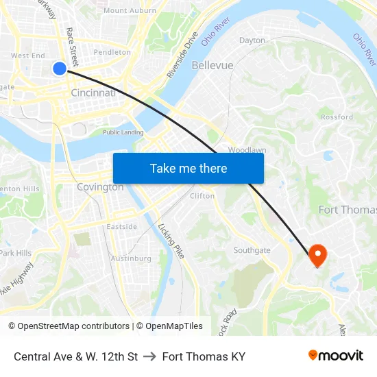 Central Ave & W. 12th St to Fort Thomas KY map