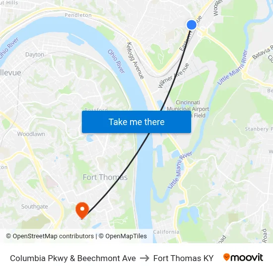 Columbia Pkwy & Beechmont Ave to Fort Thomas KY map