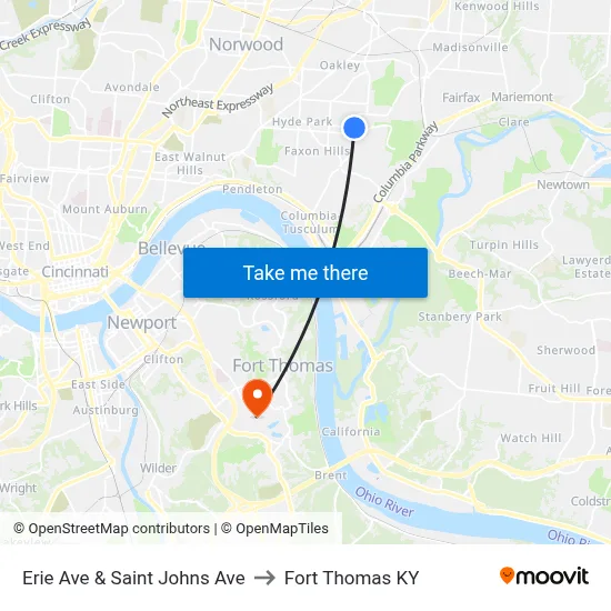 Erie Ave & Saint Johns Ave to Fort Thomas KY map