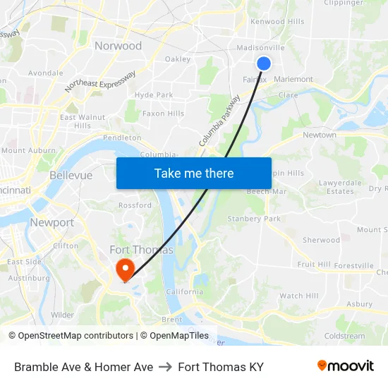 Bramble Ave & Homer Ave to Fort Thomas KY map