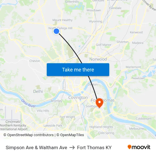 Simpson Ave & Waltham Ave to Fort Thomas KY map