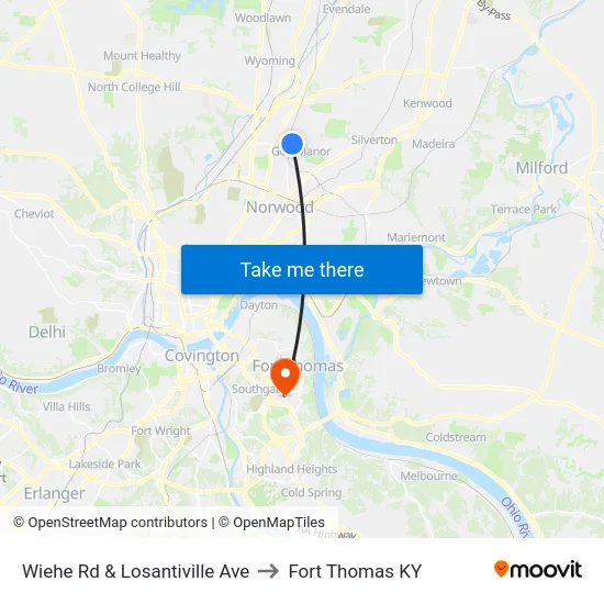 Wiehe Rd & Losantiville Ave to Fort Thomas KY map