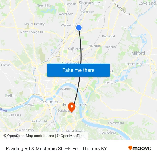 Reading Rd & Mechanic St to Fort Thomas KY map