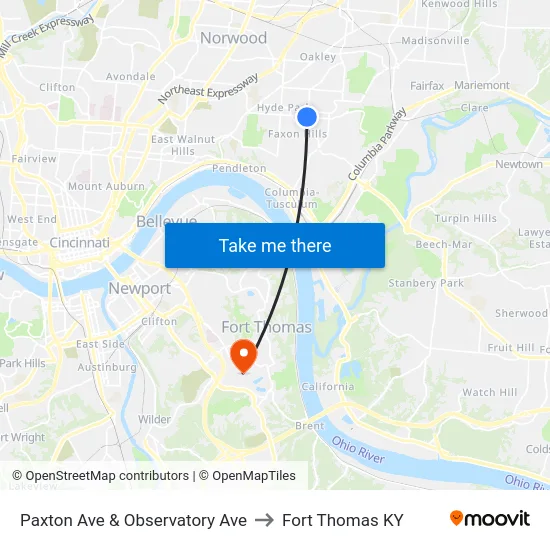 Paxton Ave & Observatory Ave to Fort Thomas KY map