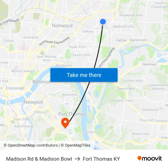 Madison Rd & Madison Bowl to Fort Thomas KY map