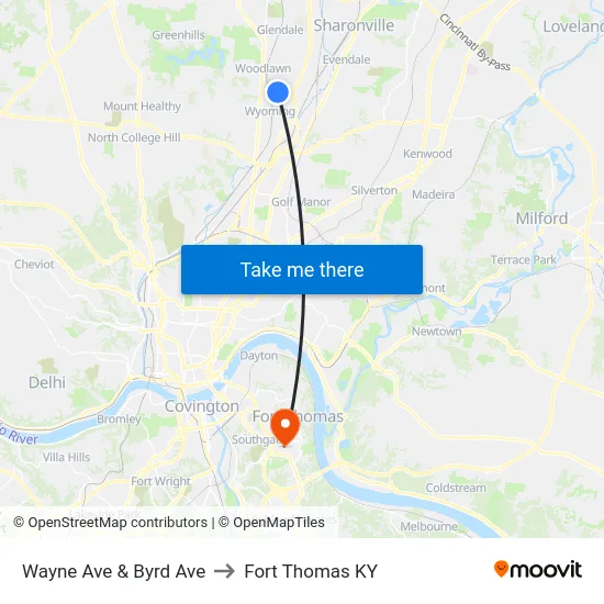 Wayne Ave & Byrd Ave to Fort Thomas KY map