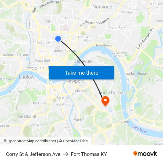 Corry St & Jefferson Ave to Fort Thomas KY map