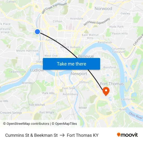 Cummins St & Beekman St to Fort Thomas KY map