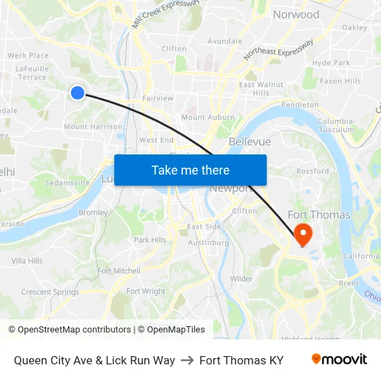 Queen City Ave & Lick Run Way to Fort Thomas KY map