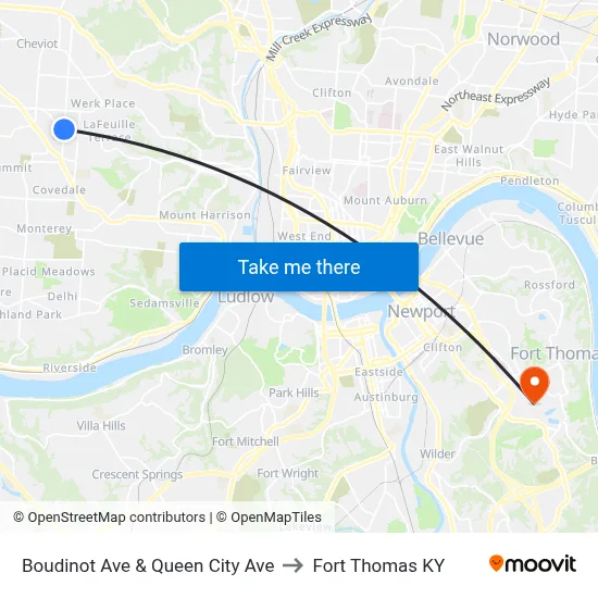 Boudinot Ave & Queen City Ave to Fort Thomas KY map