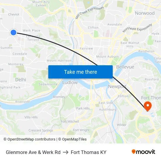 Glenmore Ave & Werk Rd to Fort Thomas KY map
