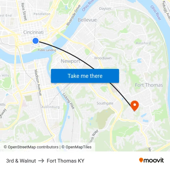 3rd & Walnut to Fort Thomas KY map