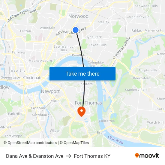 Dana Ave & Evanston Ave to Fort Thomas KY map