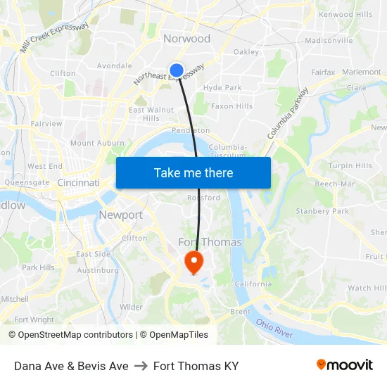 Dana Ave & Bevis Ave to Fort Thomas KY map
