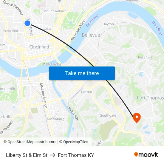 Liberty St & Elm St to Fort Thomas KY map