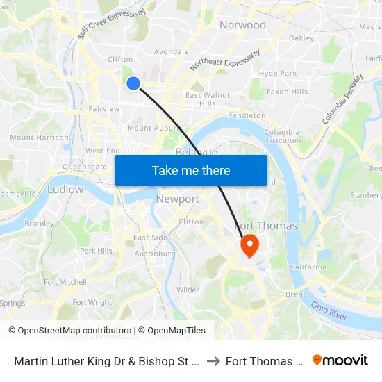 Martin Luther King Dr & Bishop St Wb to Fort Thomas KY map