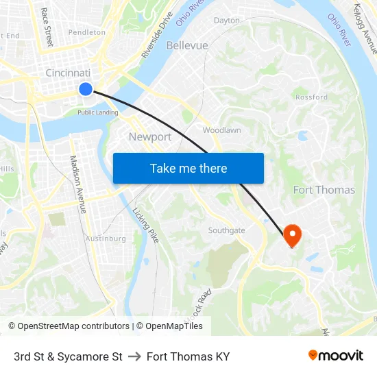 3rd St & Sycamore St to Fort Thomas KY map