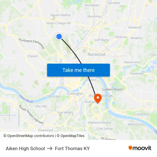 Aiken High School to Fort Thomas KY map
