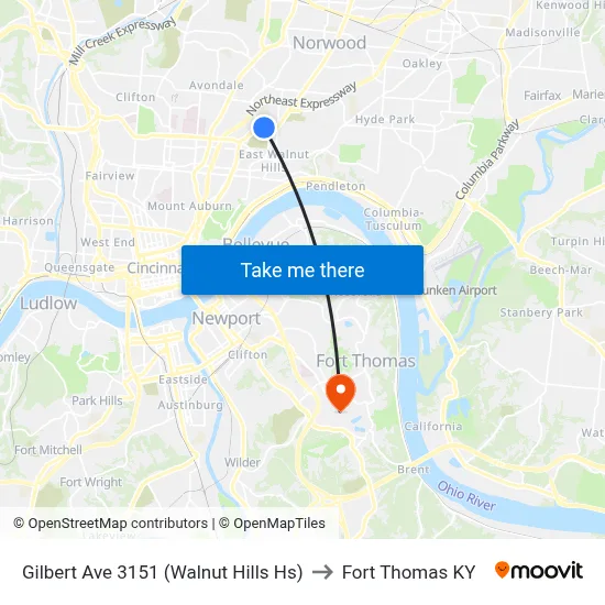 Gilbert Ave 3151 (Walnut Hills Hs) to Fort Thomas KY map