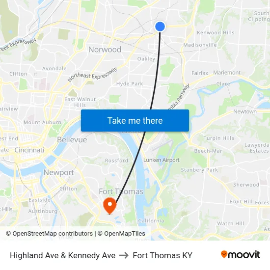 Highland Ave & Kennedy Ave to Fort Thomas KY map