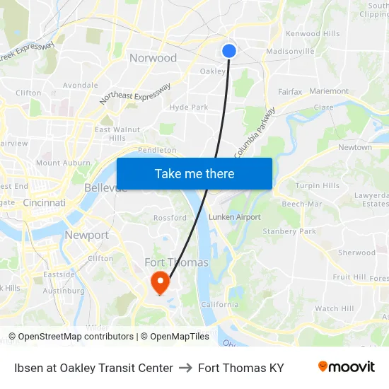 Ibsen at Oakley Transit Center to Fort Thomas KY map