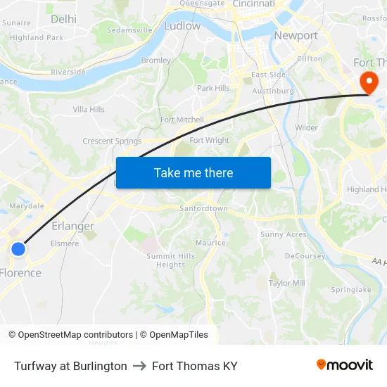 Turfway at Burlington to Fort Thomas KY map