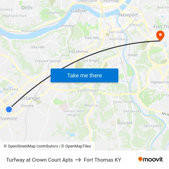 Turfway at Crown Court Apts to Fort Thomas KY map