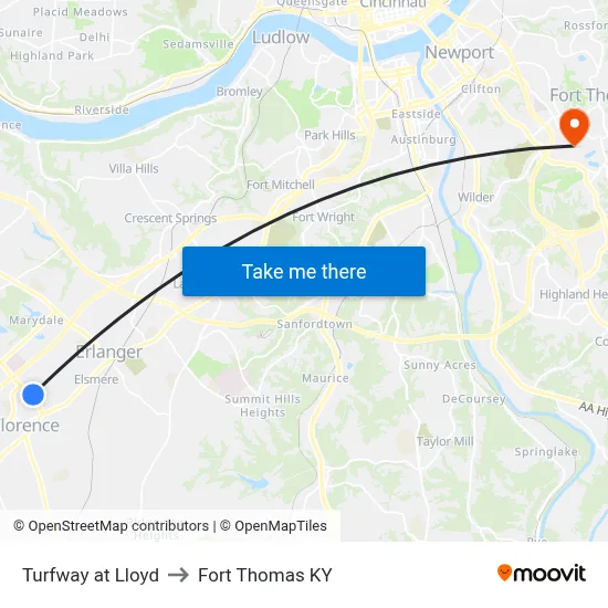 Turfway at Lloyd to Fort Thomas KY map