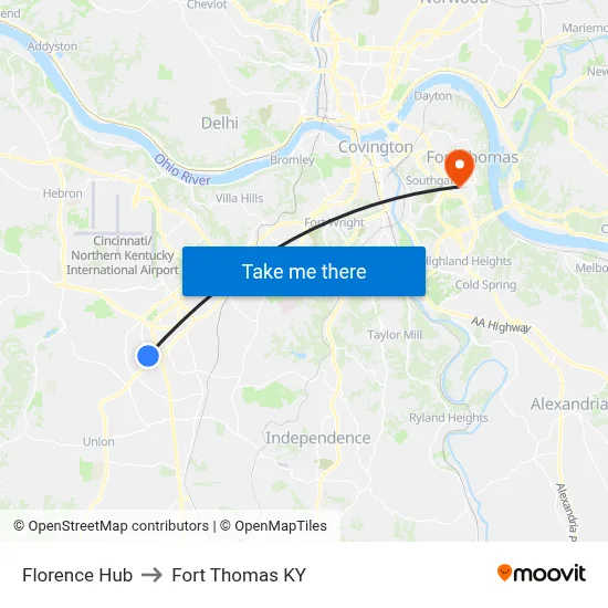 Florence Hub to Fort Thomas KY map
