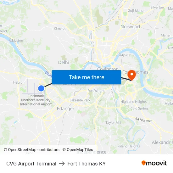 CVG Airport Terminal to Fort Thomas KY map