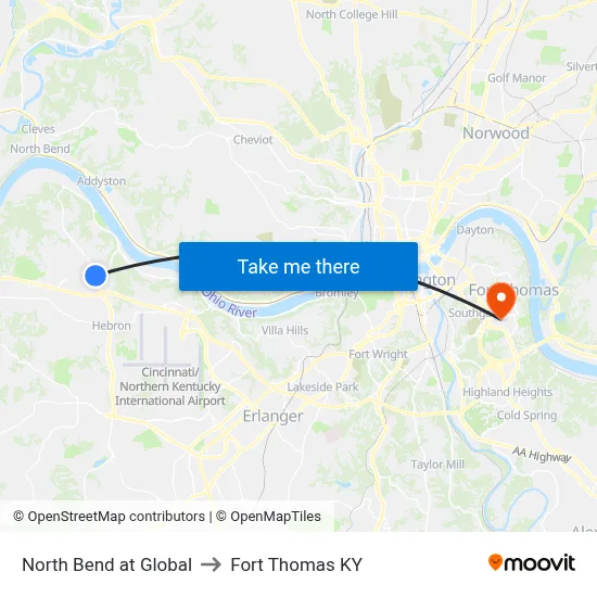 North Bend at Global to Fort Thomas KY map