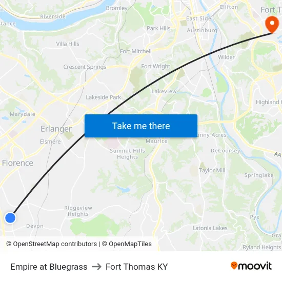 Empire at Bluegrass to Fort Thomas KY map