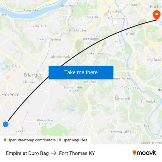 Empire at Duro Bag to Fort Thomas KY map