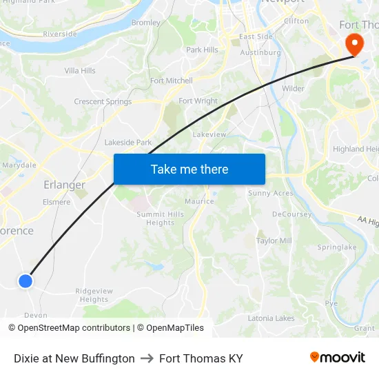 Dixie at New Buffington to Fort Thomas KY map