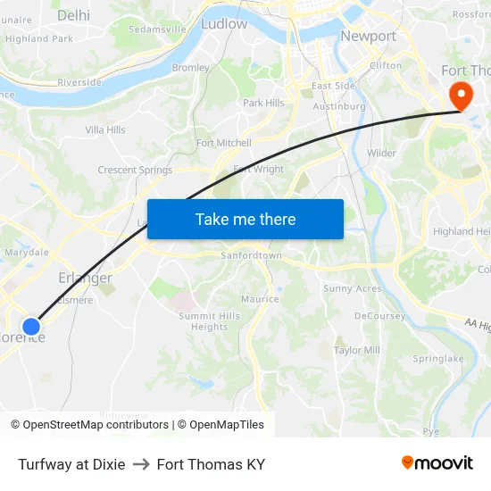 Turfway at Dixie to Fort Thomas KY map
