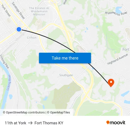 11th at York to Fort Thomas KY map