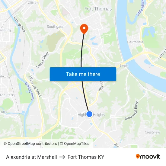 Alexandria at Marshall to Fort Thomas KY map