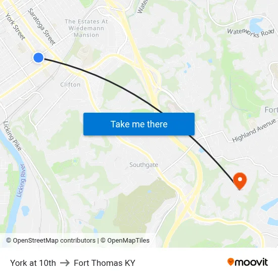 York at 10th to Fort Thomas KY map