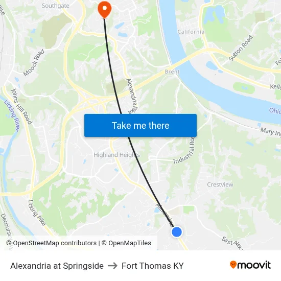 Alexandria at Springside to Fort Thomas KY map
