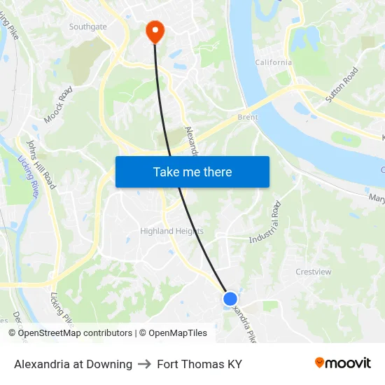 Alexandria at Downing to Fort Thomas KY map