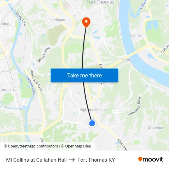 Ml Collins at Callahan Hall to Fort Thomas KY map