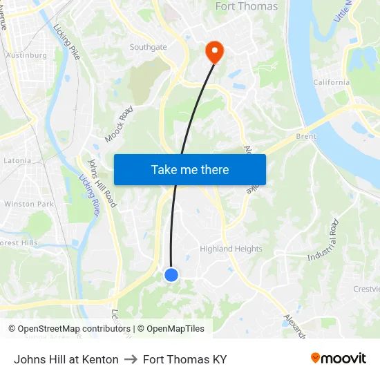 Johns Hill at Kenton to Fort Thomas KY map