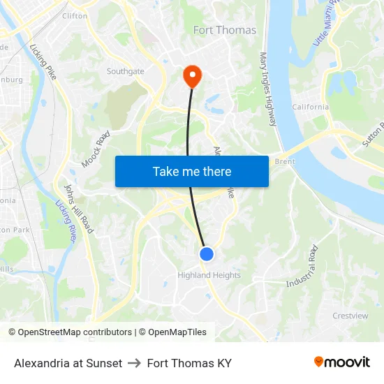 Alexandria at Sunset to Fort Thomas KY map